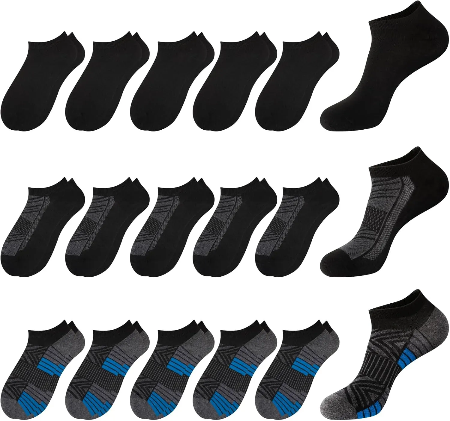 15 Pairs 3 Styles No Show Socks for Men ?CBreathable Thin Low Cut Ankle Socks Bulk Pack, Fits Shoe Size 8-12