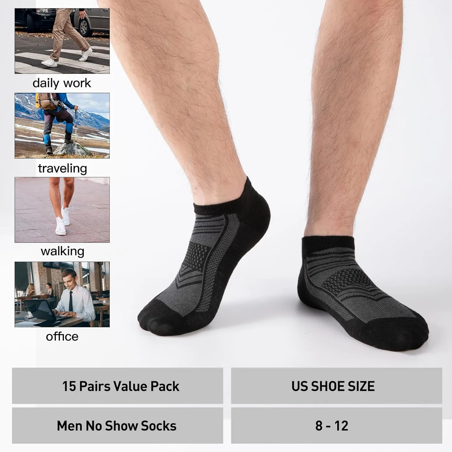 15 Pairs 3 Styles No Show Socks for Men ?CBreathable Thin Low Cut Ankle Socks Bulk Pack, Fits Shoe Size 8-12