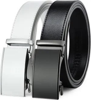 2 Pack Ratchet Belt 1 3/8", Mens leather Dress Belt in Gift Set Size 28"-62" Adjustable waist Trim to Fit