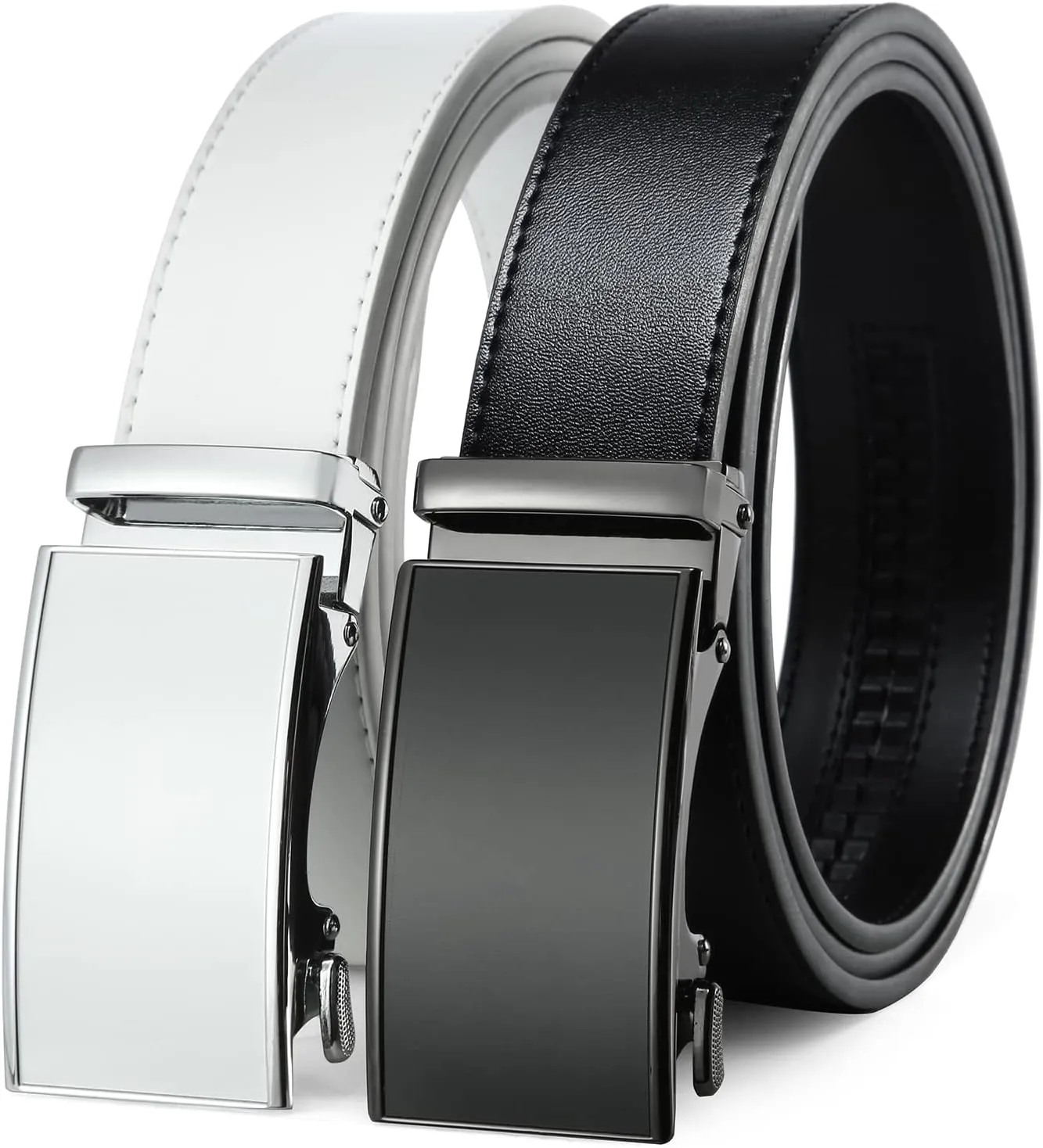 2 Pack Ratchet Belt 1 3/8", Mens leather Dress Belt in Gift Set Size 28"-62" Adjustable waist Trim to Fit