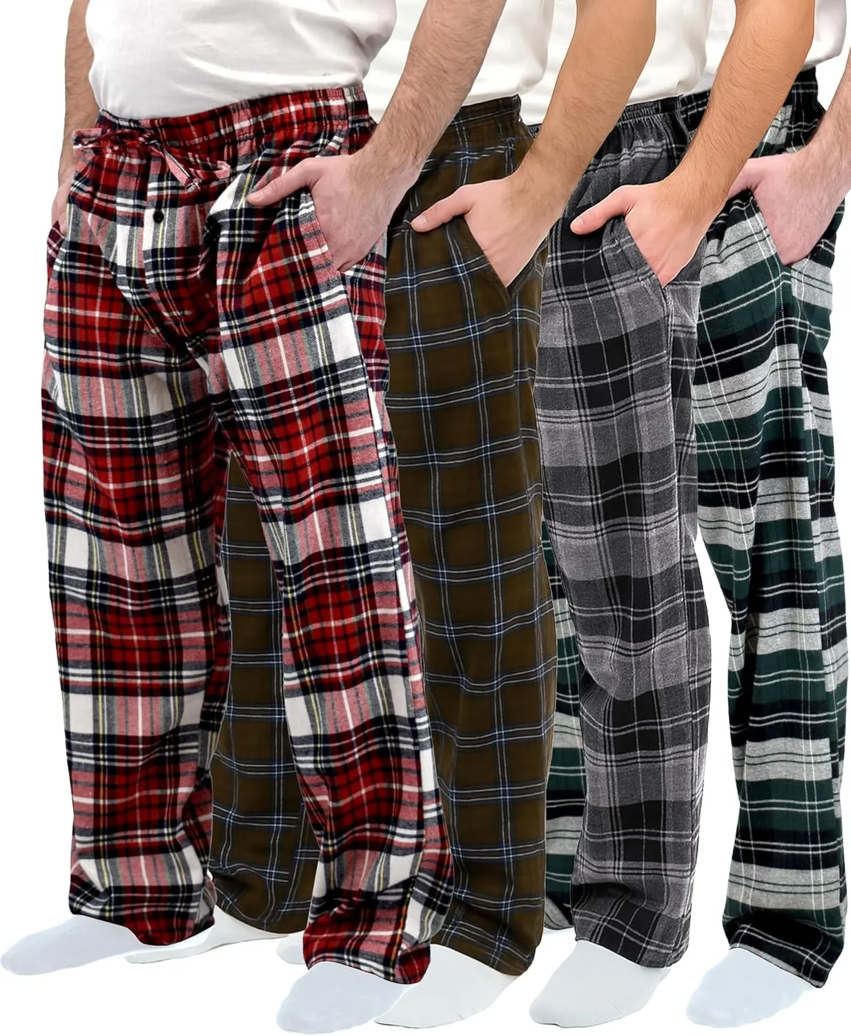 Andrew Scott Men's 4 Pack Cotton Flannel Pajama Sleep Pant | Drawstring Lounge Pants