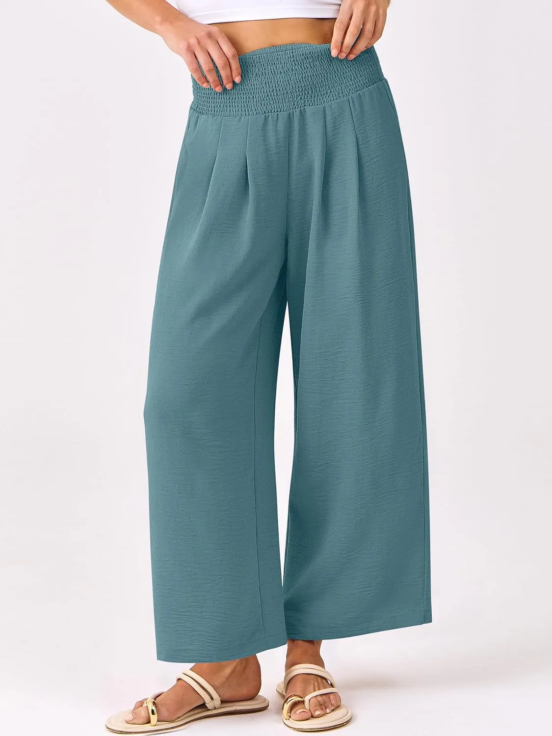 ANRABESS Womens Pants Wide Leg High Waisted Palazzo Pants Summer Flowy Beach Lounge Casual Trousers with Pockets