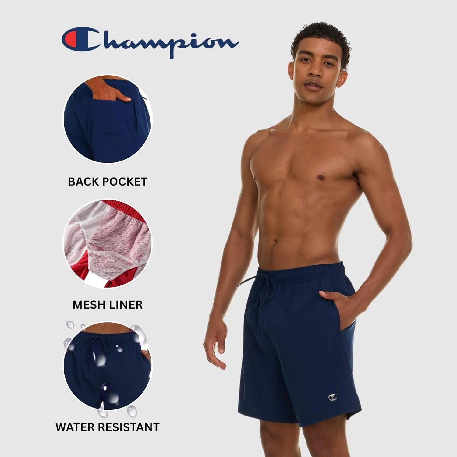 Champion Mens Swim Trunks with Mesh Liner, 7" Inseam Quick Drying Mens Bathing Suit, Board Shorts for Swimming and Beach