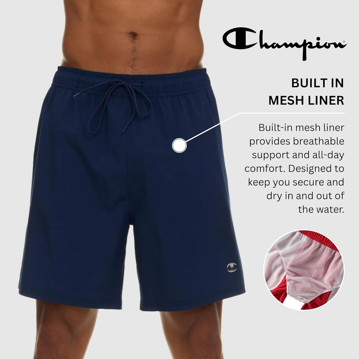Champion Mens Swim Trunks with Mesh Liner, 7" Inseam Quick Drying Mens Bathing Suit, Board Shorts for Swimming and Beach