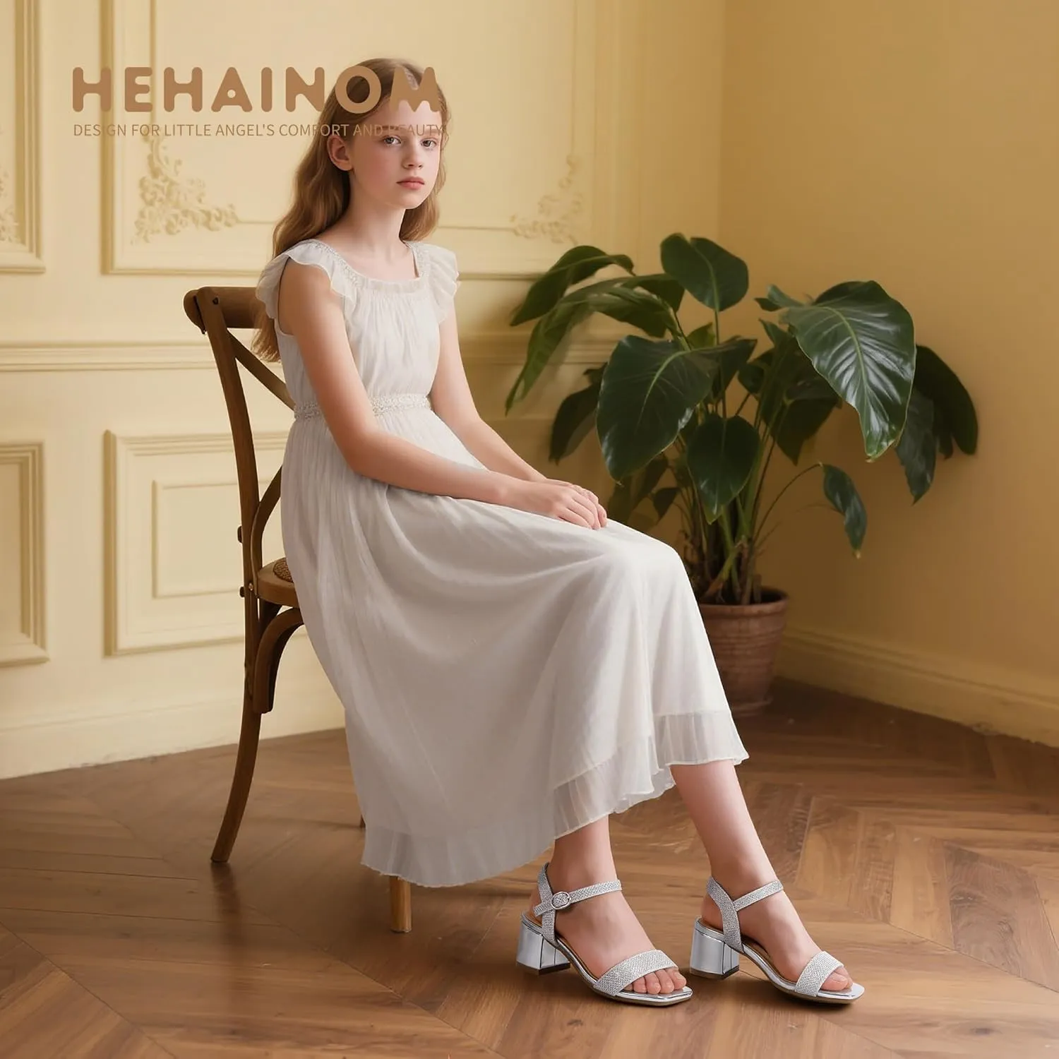 Hehainom Girls Heels Dress Shoes Square Toe Sandals Flower Girl Party Wedding Church Little Big Kid Shoes