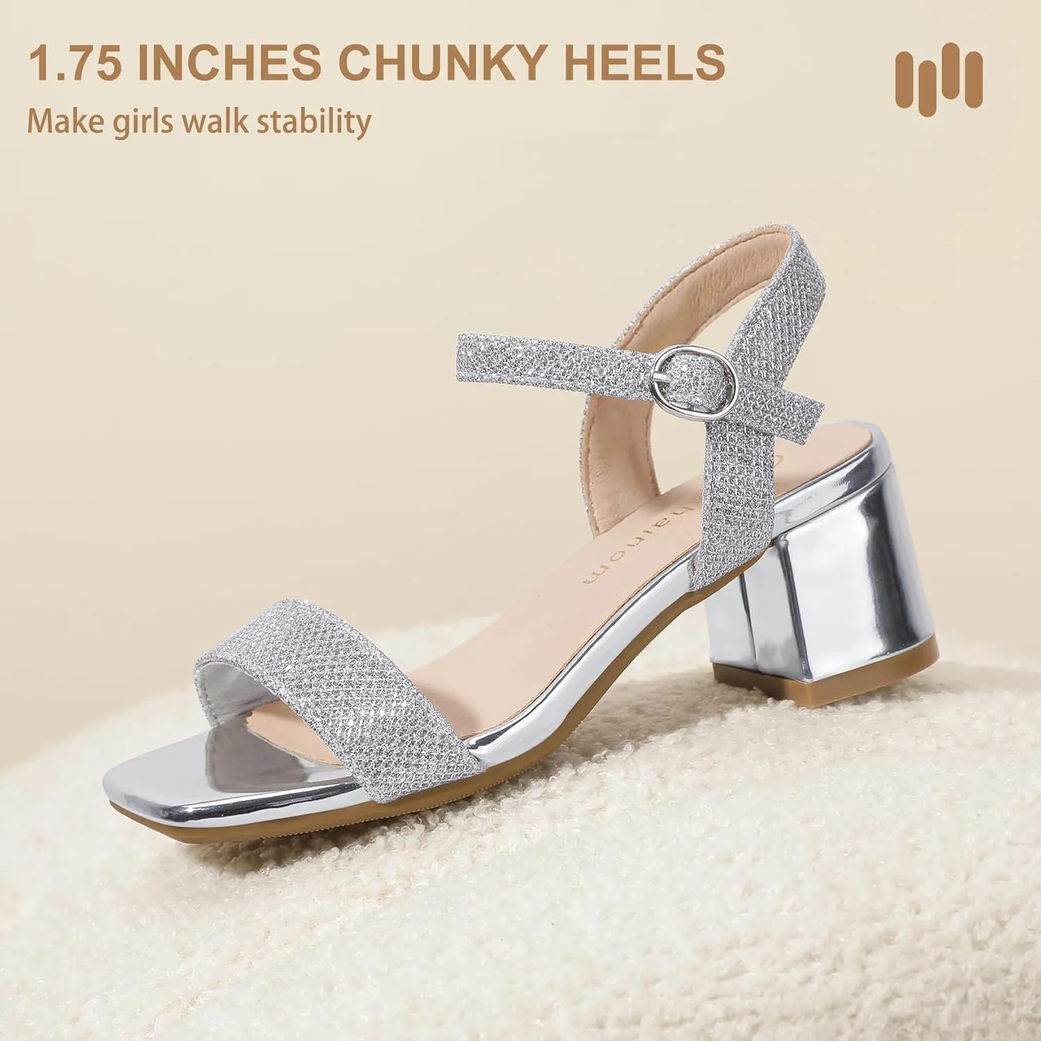 Hehainom Girls Heels Dress Shoes Square Toe Sandals Flower Girl Party Wedding Church Little Big Kid Shoes