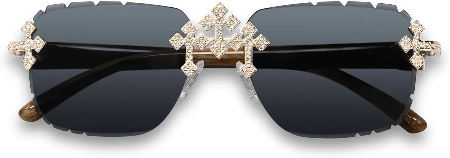 ICE STAR Triple Cross Iced-Out Sunglasses ?C Frameless Design Shades for Men & Women, Hip-Hop Fashion Eyewear