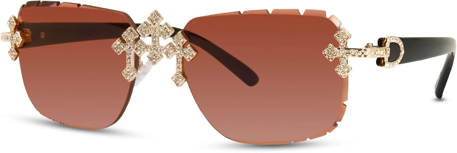 ICE STAR Triple Cross Iced-Out Sunglasses ?C Frameless Design Shades for Men & Women, Hip-Hop Fashion Eyewear